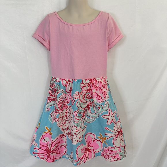 Lilly Pulitzer Kids Girl's LACEY COMBO DRESS Pink Breakwater SunglowL 8/10